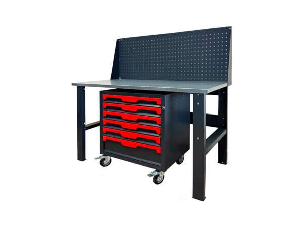Верстак безтумбовый с одинарным экраном + тележка с ящиками 1390х686х846h мм Верстак безтумбовый с одинарным экраном + тележка с ящиками 1390х686х846h мм