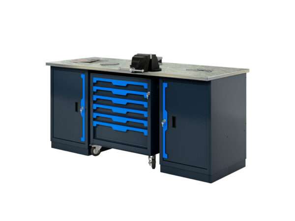 Верстак двухтумбовый с 6 отделениями и инструментальной тележкой с 6 ящиками 1800х686х846h мм Верстак двухтумбовый с 6 отделениями и инструментальной тележкой с 6 ящиками 1800х686х846h мм